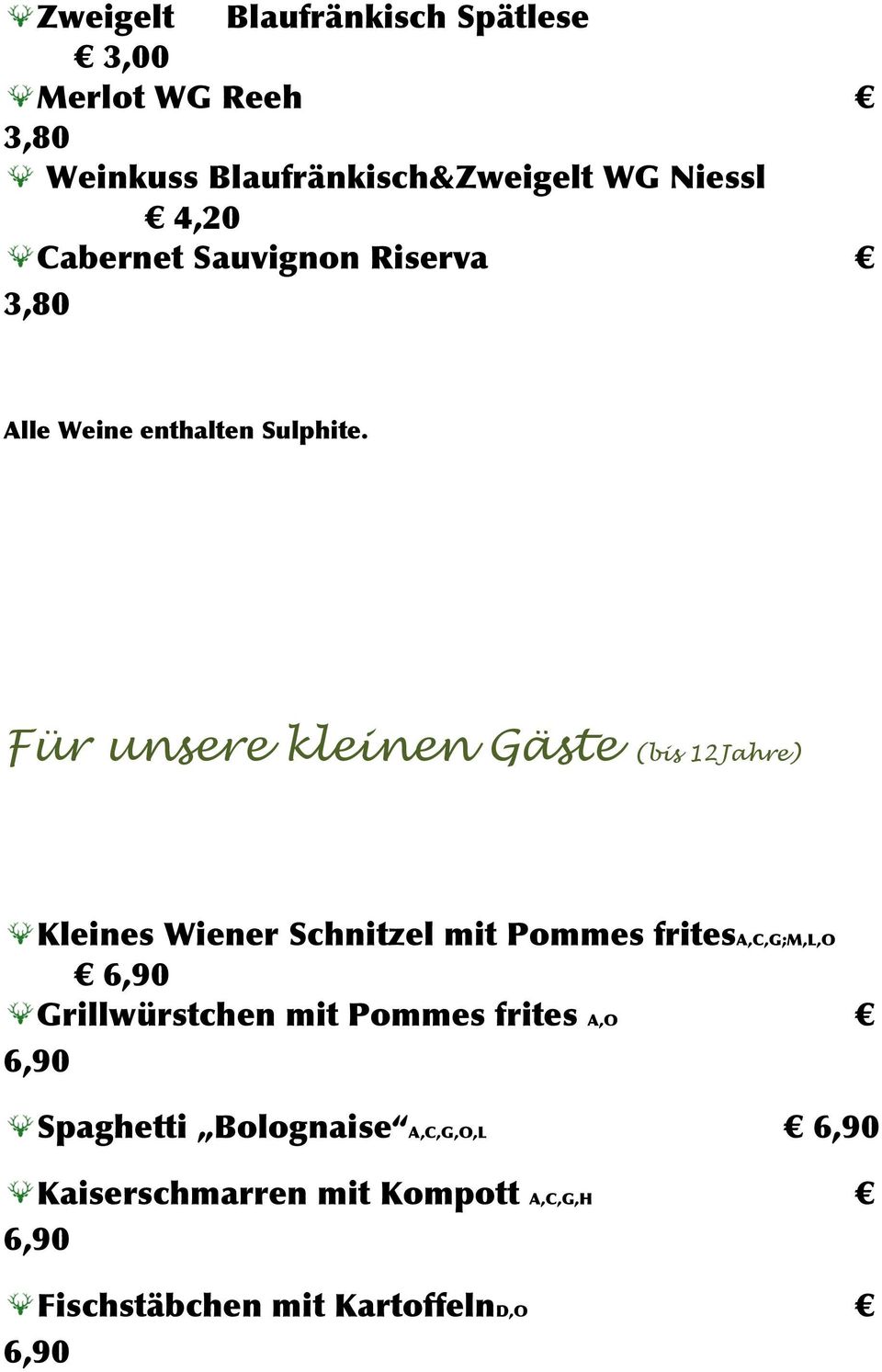 Für unsere kleinen Gäste (bis 12Jahre) Kleines Wiener Schnitzel mit Pommes fritesa,c,g;m,l,o 6,90