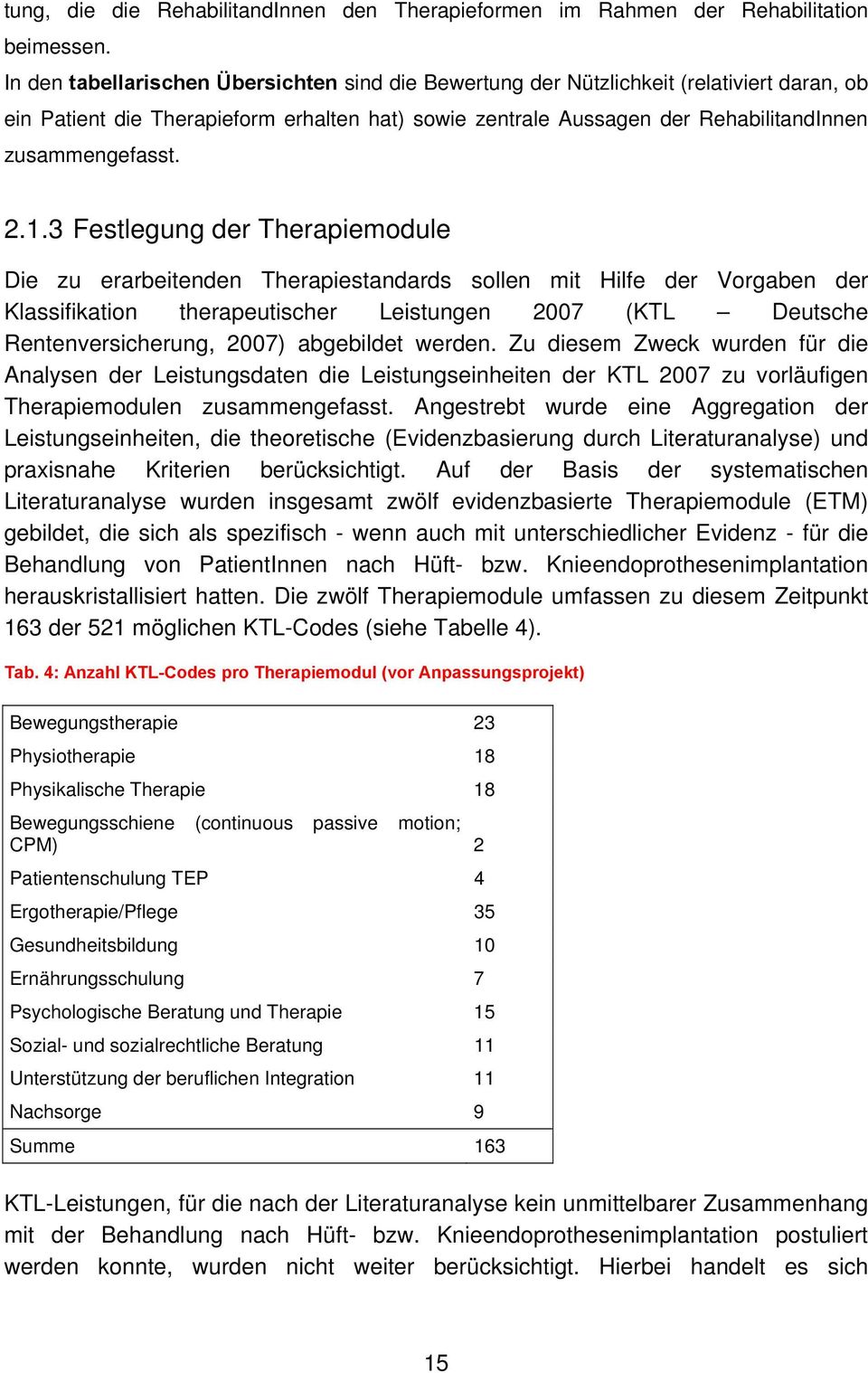 2.1.3 Festlegung der Therapiemodule Die zu erarbeitenden Therapiestandards sollen mit Hilfe der Vorgaben der Klassifikation therapeutischer Leistungen 2007 (KTL Deutsche Rentenversicherung, 2007)