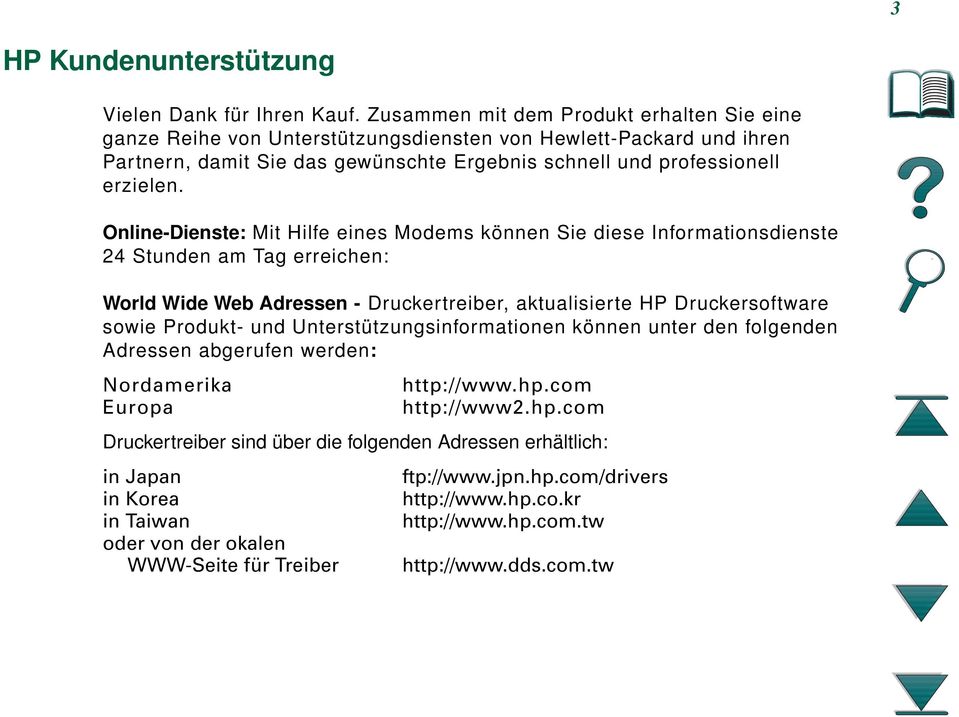 Online-Dienste: Mit Hilfe eines Modems können Sie diese Informationsdienste 24 Stunden am Tag erreichen: World Wide Web Adressen - Druckertreiber, aktualisierte HP Druckersoftware sowie Produkt- und