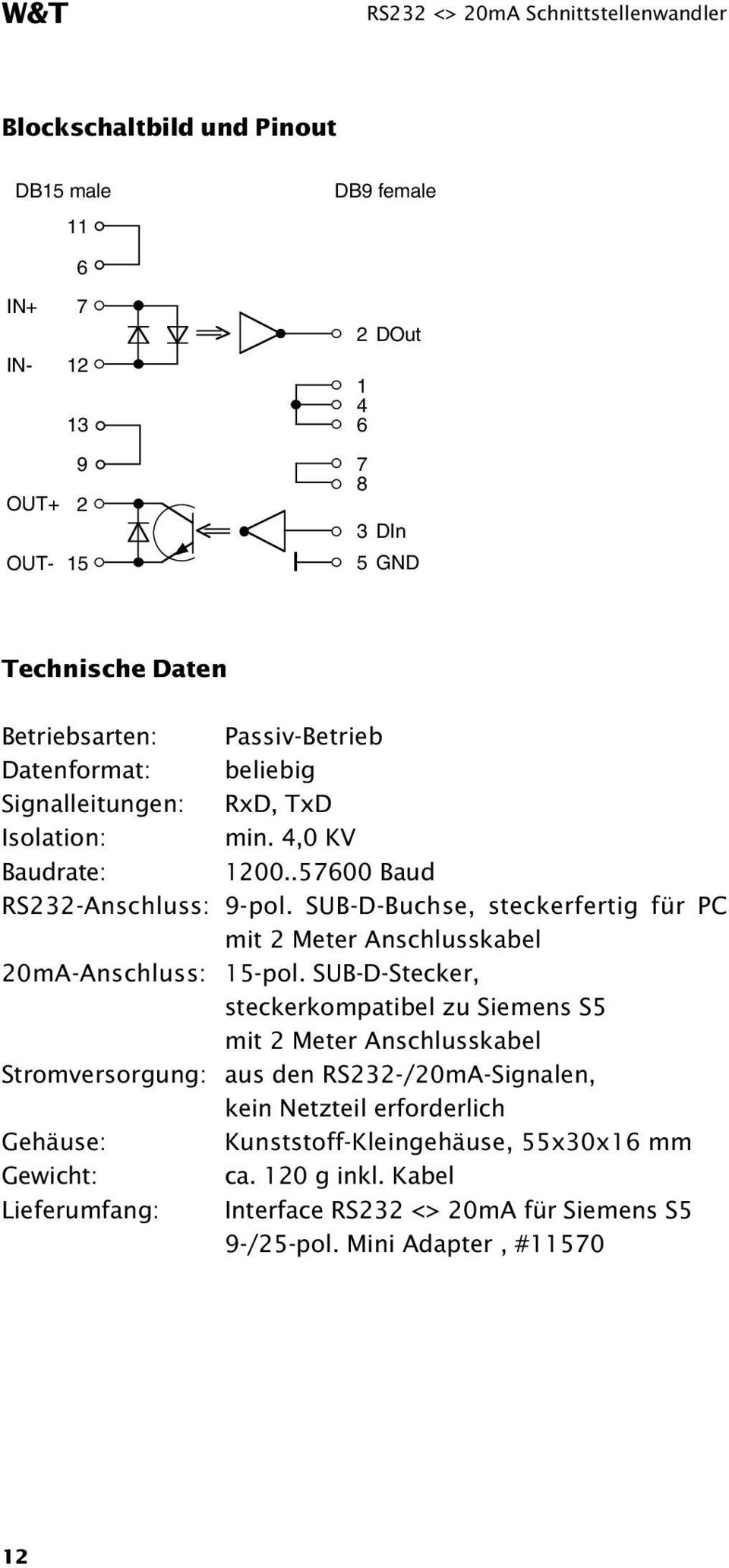 SUB-D-Buchse, steckerfertig für PC mit 2 Meter Anschlusskabel 20mA-Anschluss: 15-pol.