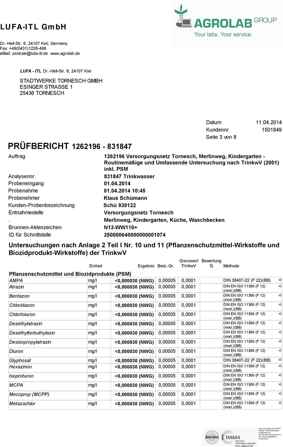 Brunnen-Aktenzeichen ID für Schnittstelle Pflanzenschutzmittel und Biozidprodukte (PSM) AMPA Atrazin Bentazon Chloridazon Chlortoluron Desethylatrazin Desethylterbuthylazin Desisopropylatrazin Diuron