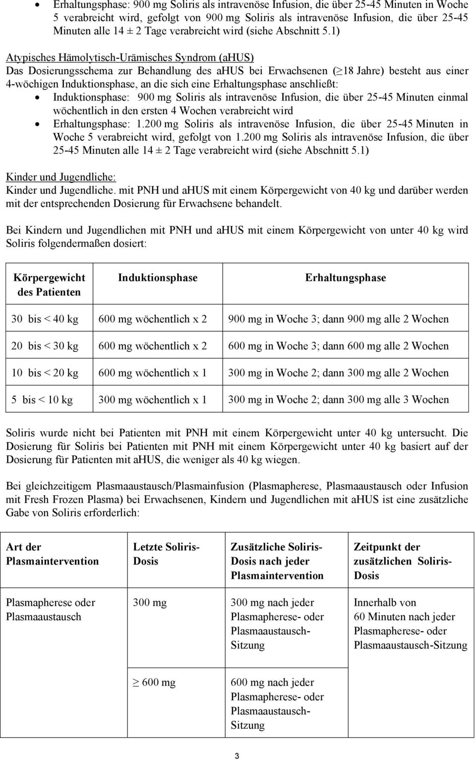 1) Atypisches Hämolytisch-Urämisches Syndrom (ahus) Das Dosierungsschema zur Behandlung des ahus bei Erwachsenen ( 18 Jahre) besteht aus einer 4-wöchigen Induktionsphase, an die sich eine