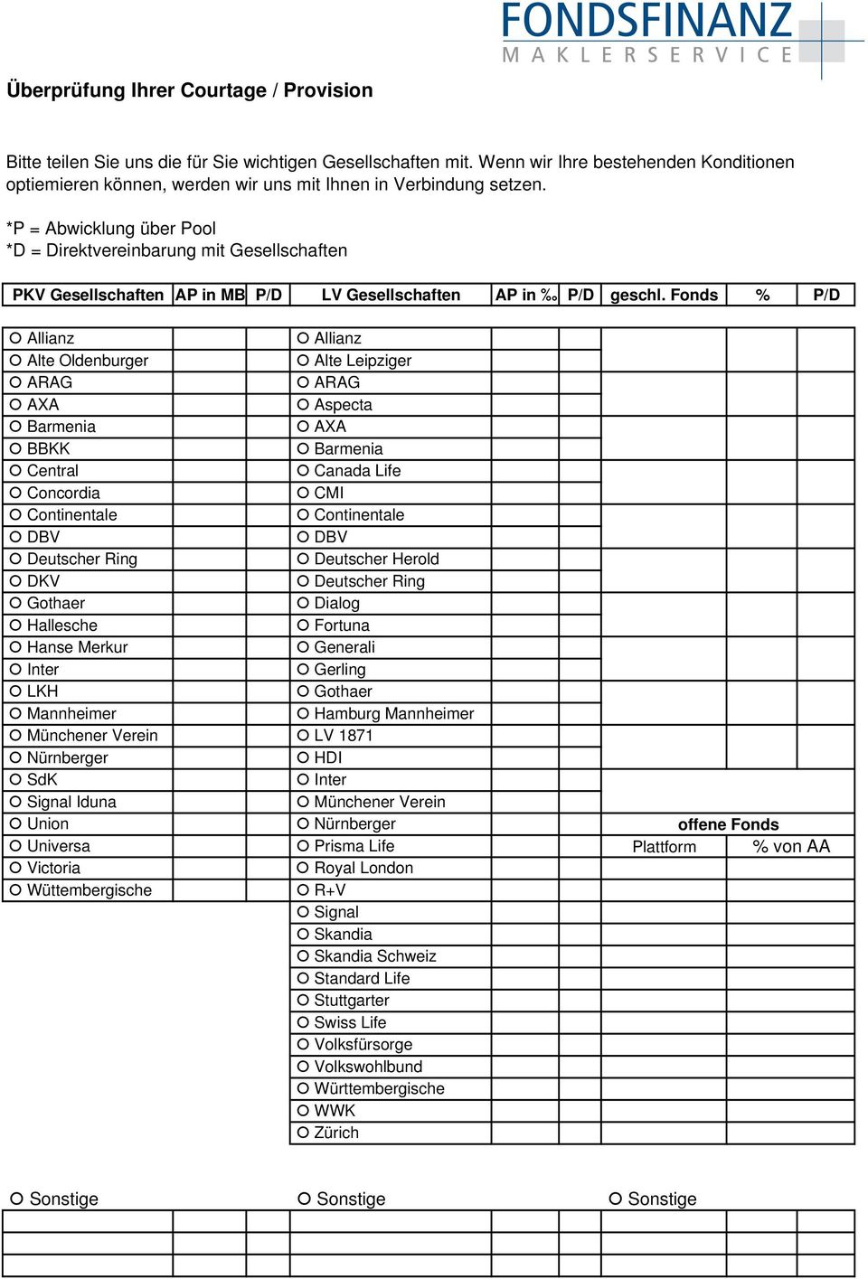 *P = Abwicklung über Pool *D = Direktvereinbarung mit Gesellschaften PKV Gesellschaften AP in MB P/D LV Gesellschaften AP in P/D geschl.