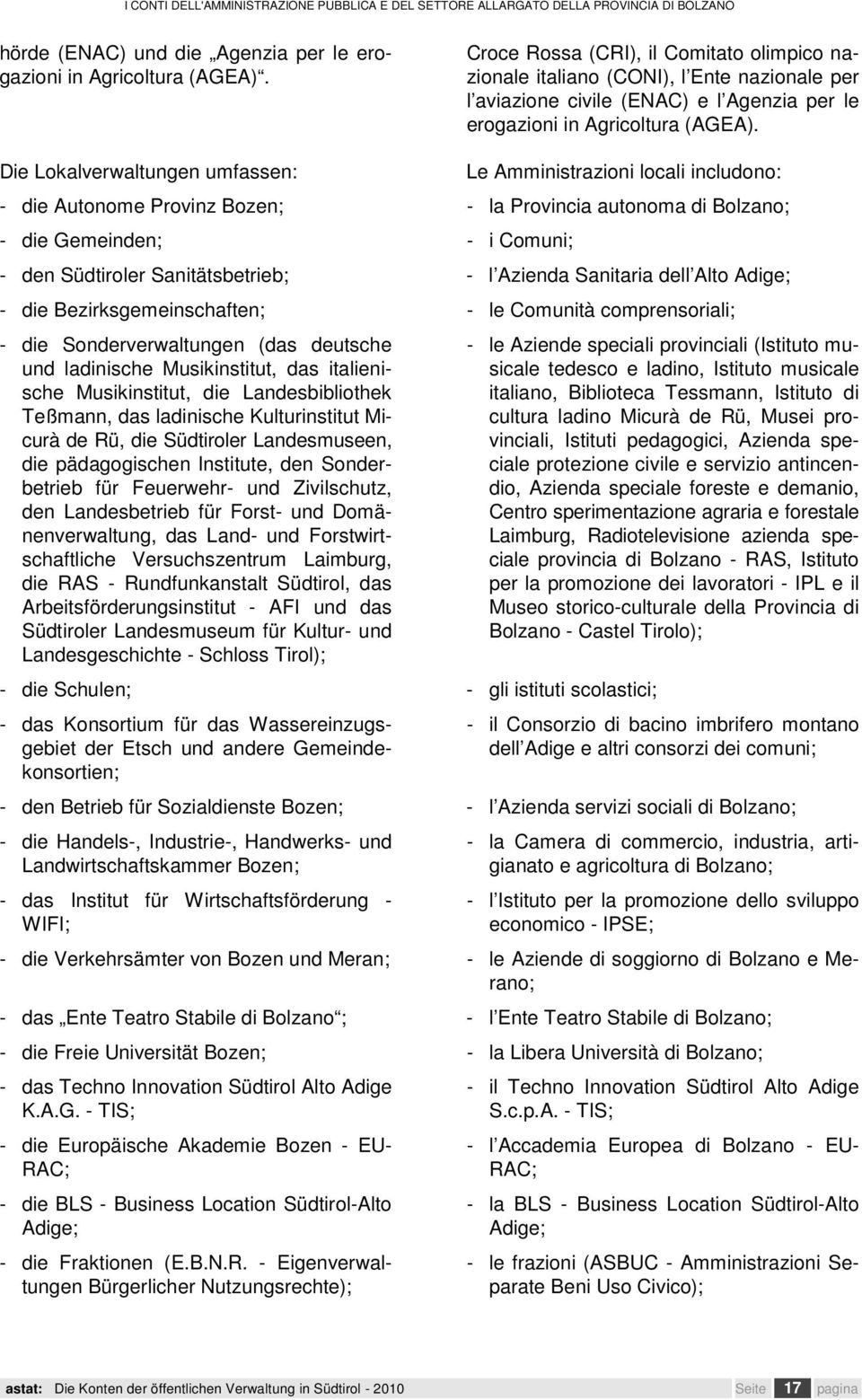 Die Lokalverwaltungen umfassen: Le locali includono: - die Autonome Provinz Bozen; - la Provincia autonoma di Bolzano; - die Gemeinden; - i Comuni; - den Südtiroler Sanitätsbetrieb; - l Azienda