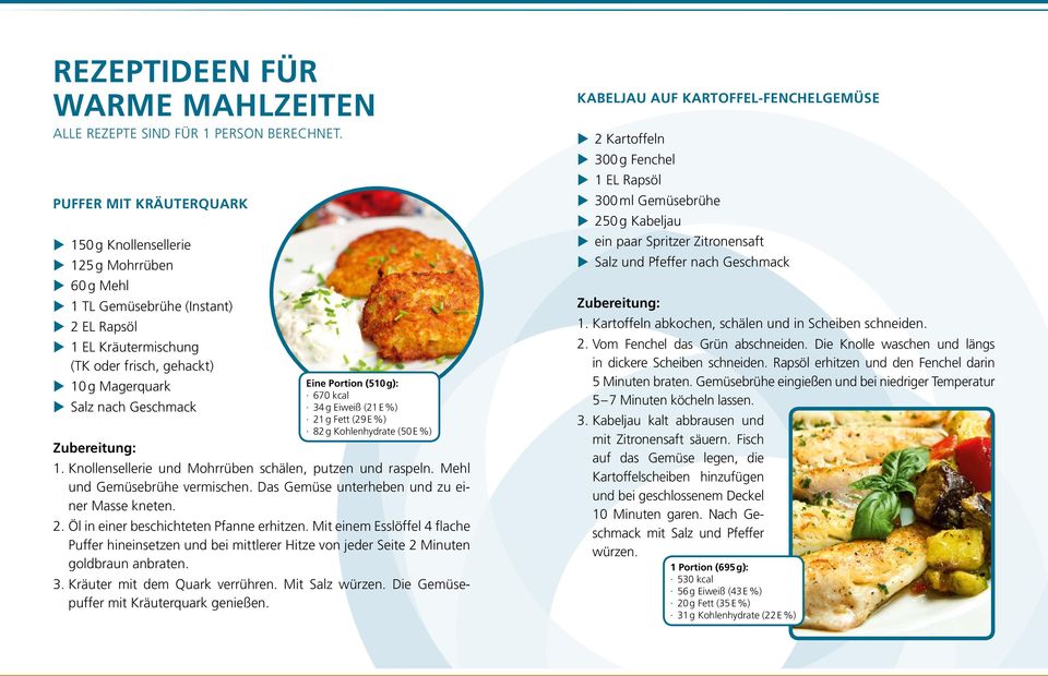 Portion (510 g): 670 kcal 34 g Eiweiß (21 E %) 21 g Fett (29 E %) 82 g Kohlen hydrate (50 E %) 1. Knollensellerie und Mohrrüben schälen, putzen und raspeln. Mehl und Gemüsebrühe vermischen.