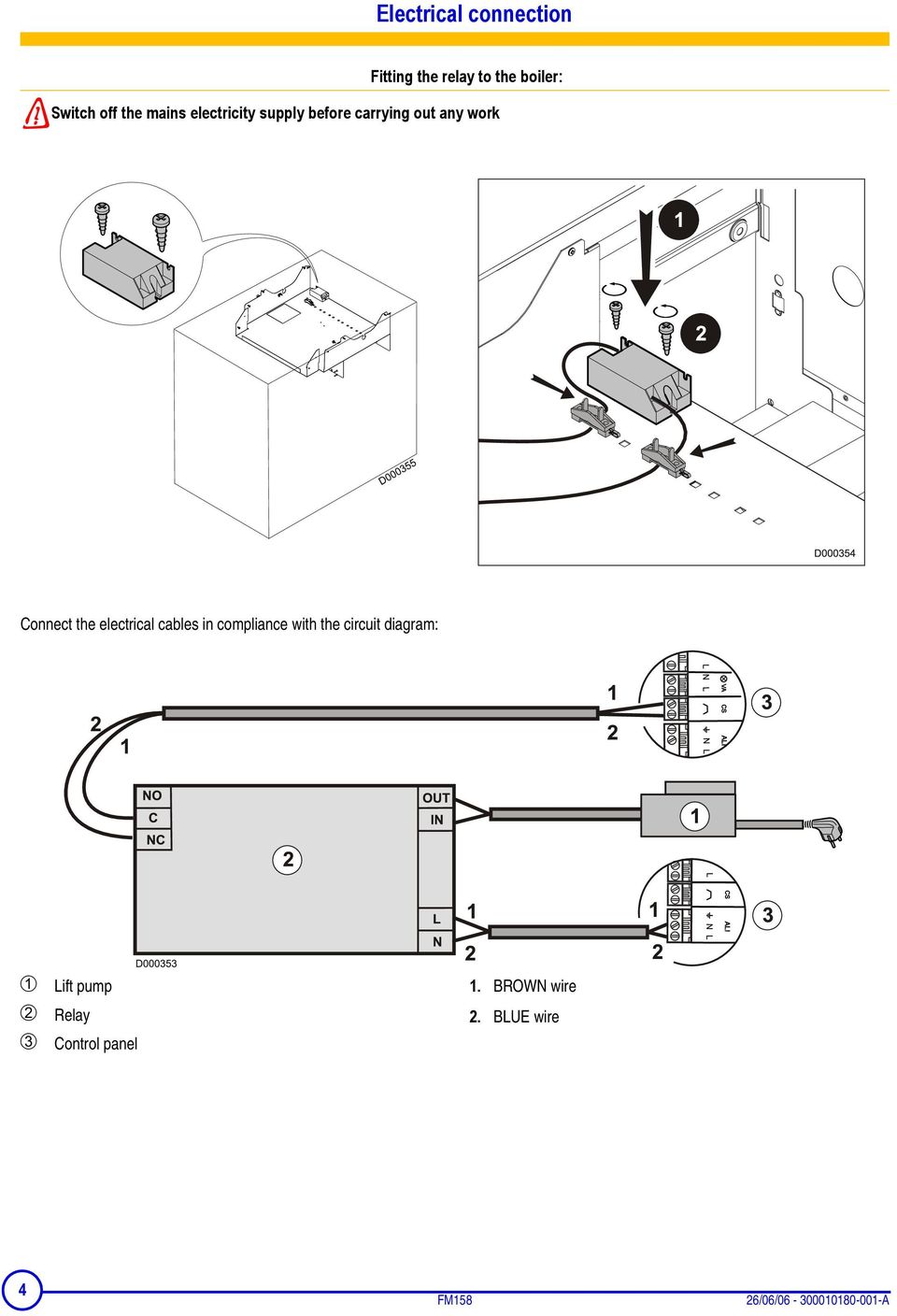electrical cables in compliance with the circuit diagram: Lift pump