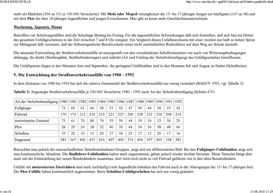 Hier gibt es kaum mehr Geschlechterunterschiede. Wochentag, Tageszeit, Monat Betroffen von Schulwegunfällen sind die Schultage Montag bis Freitag.