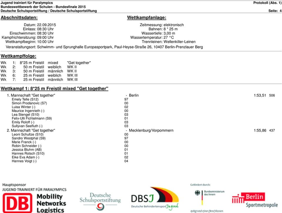 Trennleinen: Wellenkiller-Leinen Veranstaltungsort: Schwimm- und Sprunghalle Europasportpark, Paul-Heyse-Straße 26, 10407 Berlin-Prenzlauer Berg Wettkampffolge: Wk 1: 8*25 m Freistil mixed "Get