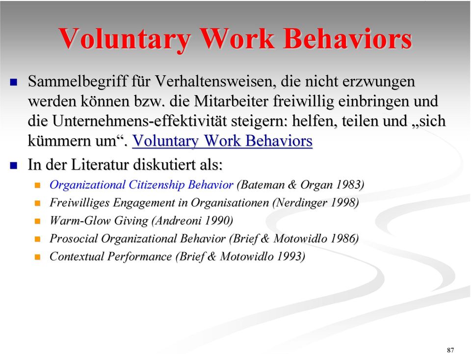 Voluntary Work Behaviors In der Literatur diskutiert als: Organizational Citizenship Behavior (Bateman & Organ 1983) Freiwilliges