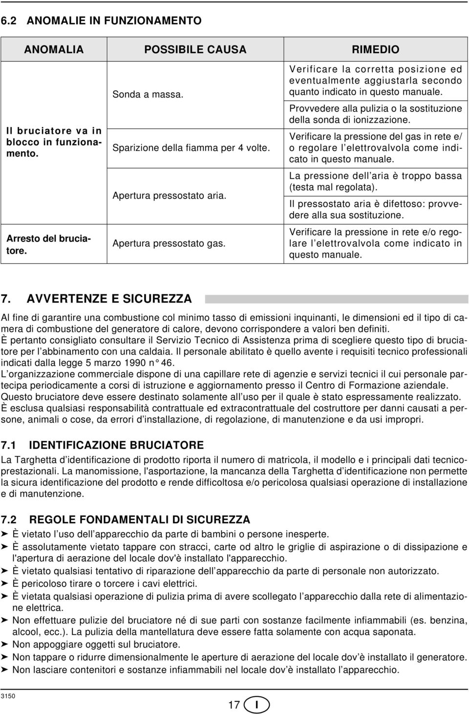 Provvedere alla pulizia o la sostituzione della sonda di ionizzazione. Verificare la pressione del gas in rete e/ o regolare l elettrovalvola come indicato in questo manuale.