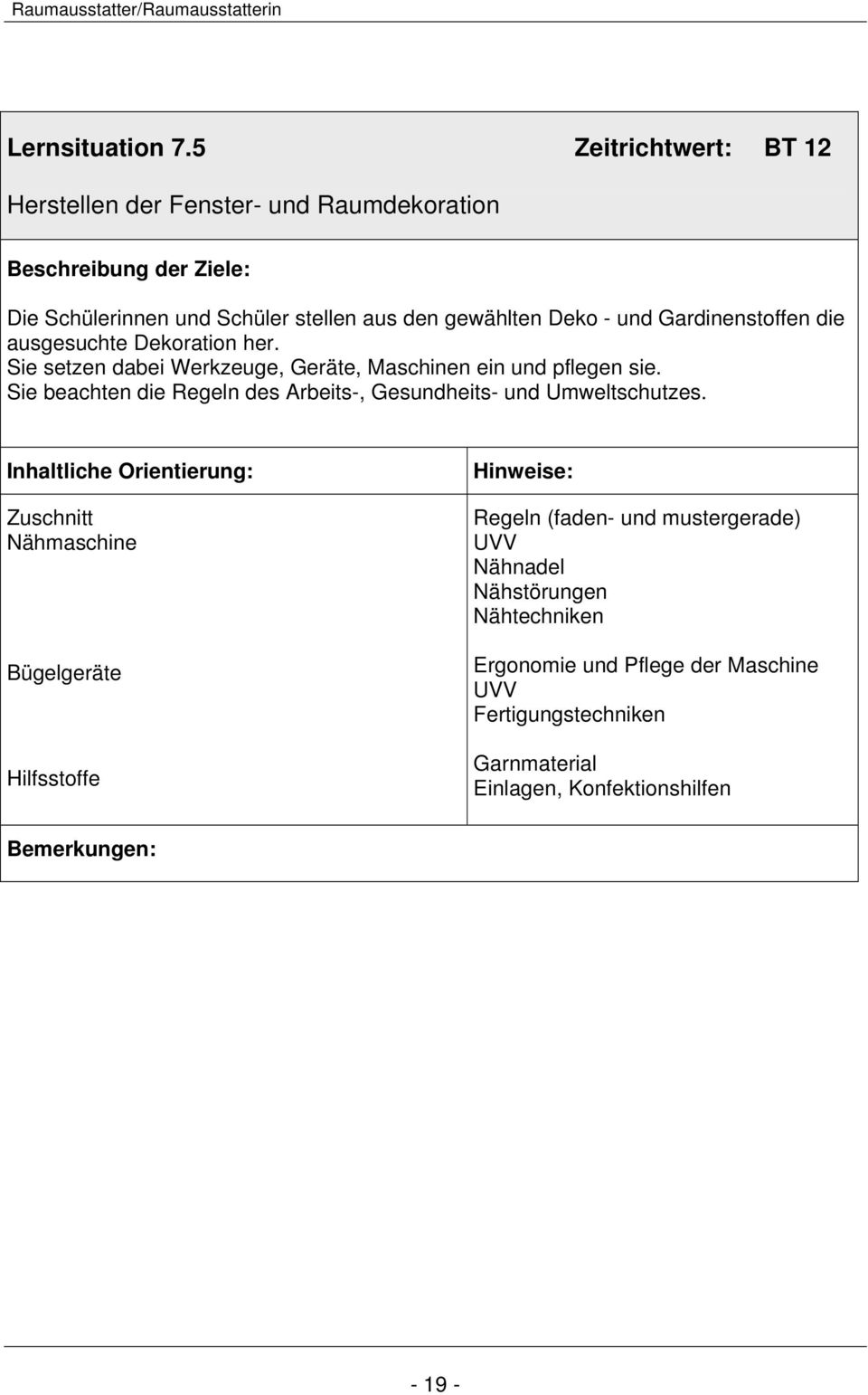 Gardinenstoffen die ausgesuchte Dekoration her. Sie setzen dabei Werkzeuge, Geräte, Maschinen ein und pflegen sie.