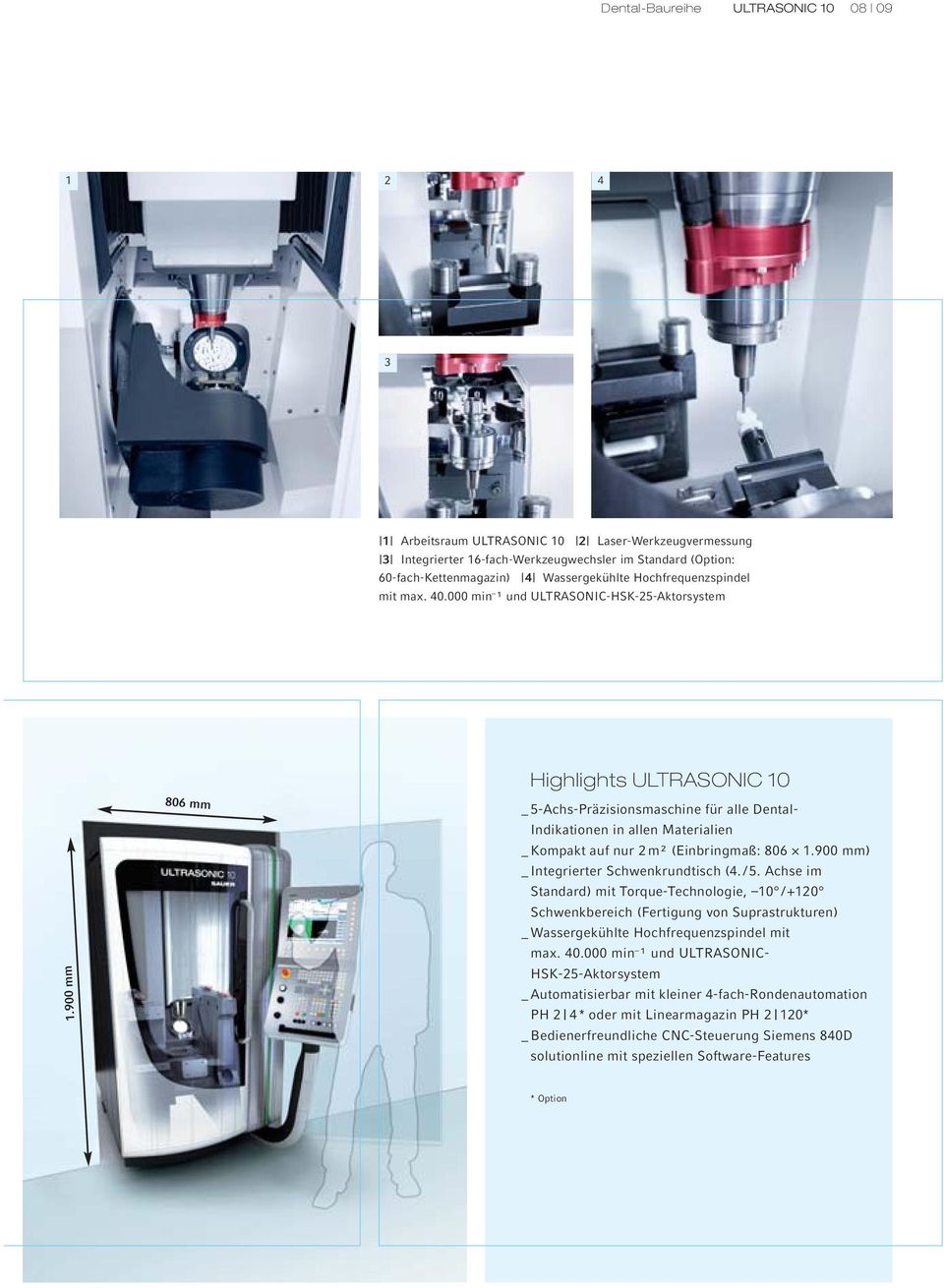 900 mm 806 mm Highlights ULTRASONIC 10 _ 5-Achs-Präzisionsmaschine für alle Dental- Indikationen in allen Materialien _ Kompakt auf nur 2 m² (Einbringmaß: 806 1.