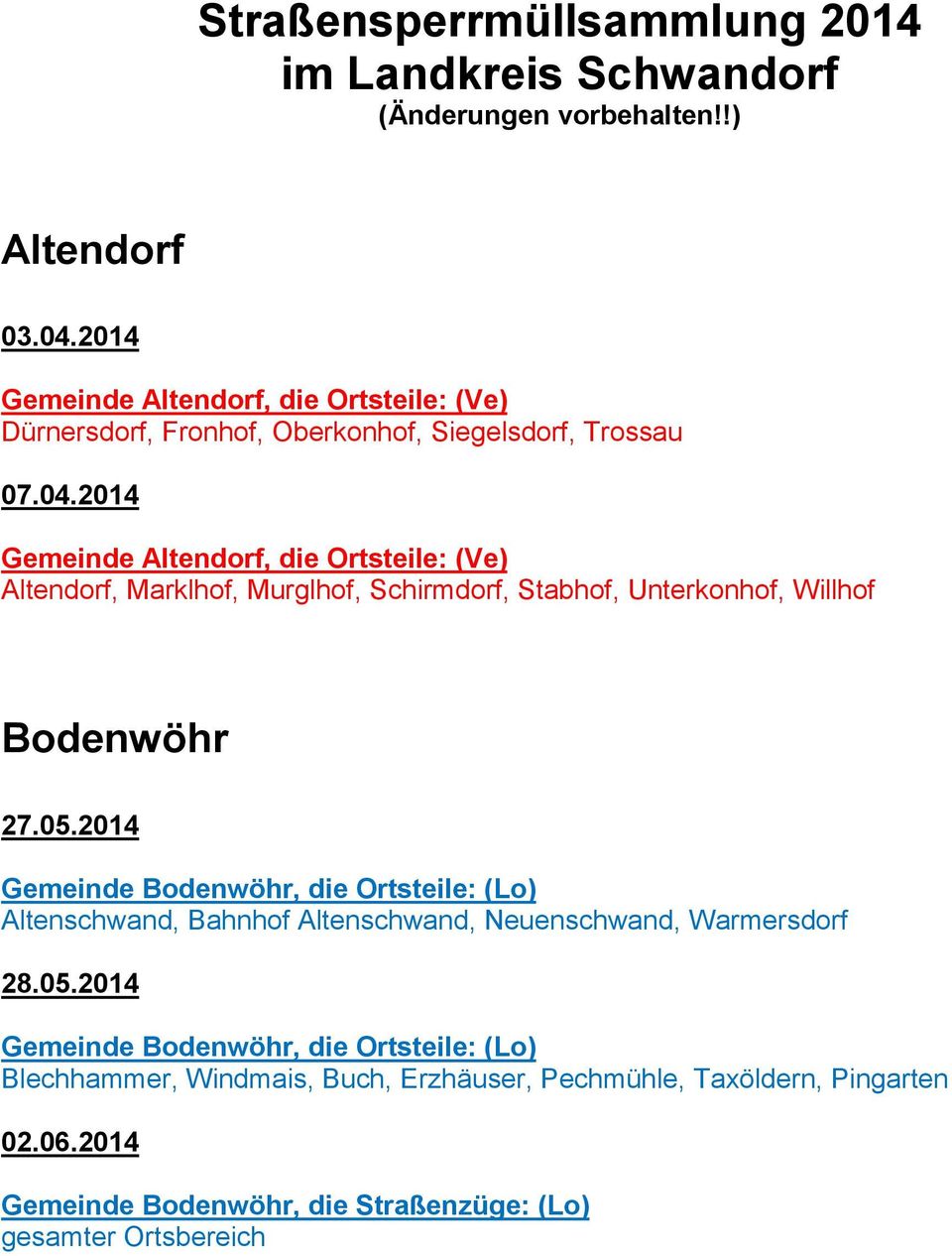 2014 Gemeinde Altendorf, die Ortsteile: (Ve) Altendorf, Marklhof, Murglhof, Schirmdorf, Stabhof, Unterkonhof, Willhof Bodenwöhr 27.05.