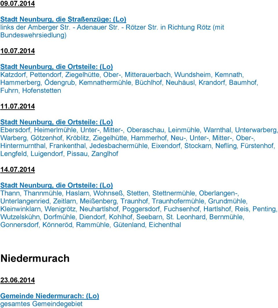 2014 Stadt Neunburg, die Ortsteile: (Lo) Katzdorf, Pettendorf, Ziegelhütte, Ober-, Mitterauerbach, Wundsheim, Kemnath, Hammerberg, Ödengrub, Kemnathermühle, Büchlhof, Neuhäusl, Krandorf, Baumhof,