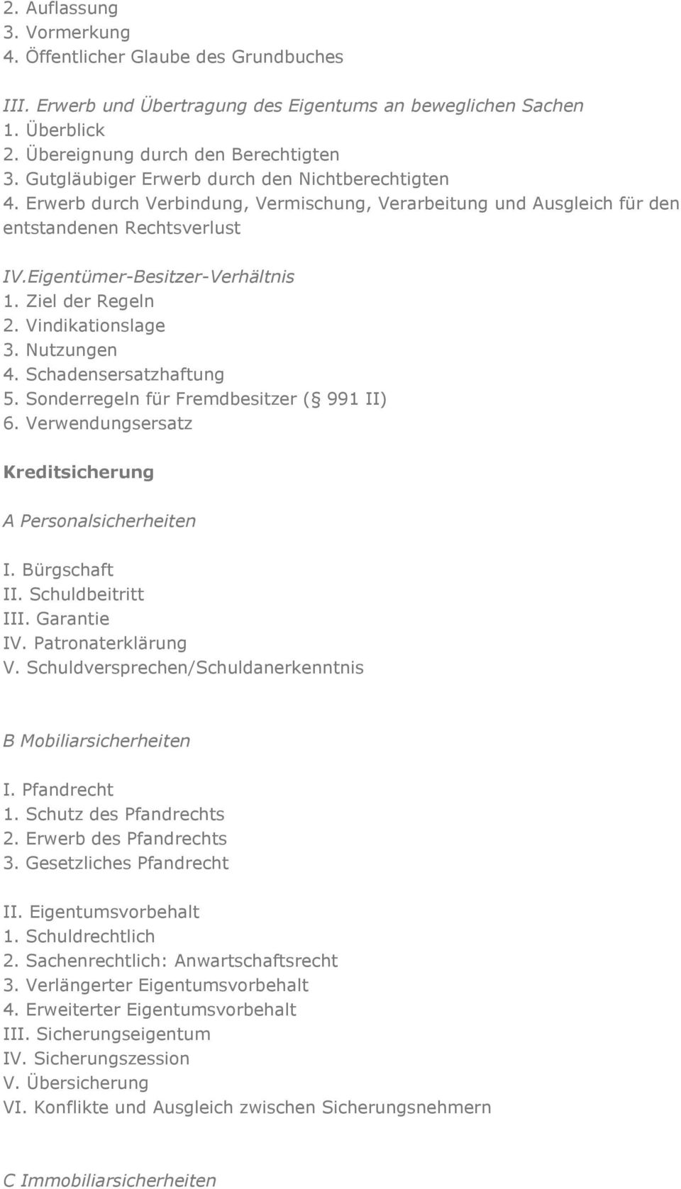 Ziel der Regeln 2. Vindikationslage 3. Nutzungen 4. Schadensersatzhaftung 5. Sonderregeln für Fremdbesitzer ( 991 II) 6. Verwendungsersatz Kreditsicherung A Personalsicherheiten I. Bürgschaft II.