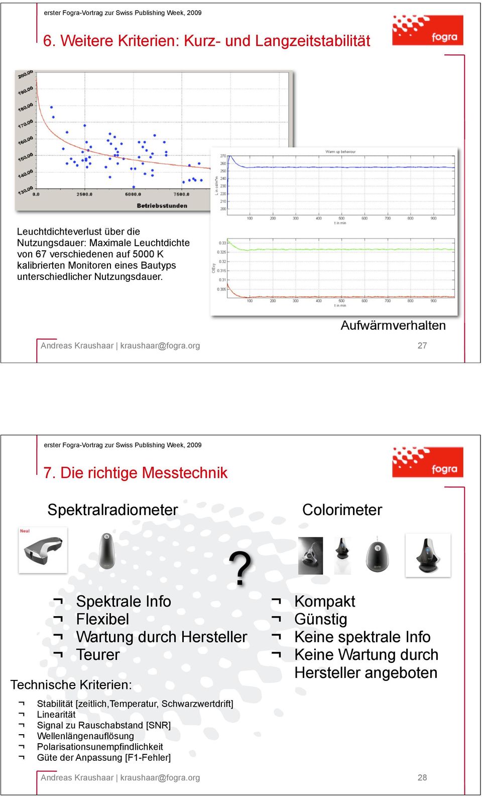 Die richtige Messtechnik Spektralradiometer Colorimeter Spektrale Info Flexibel Wartung durch Hersteller Teurer Technische Kriterien: Stabilität