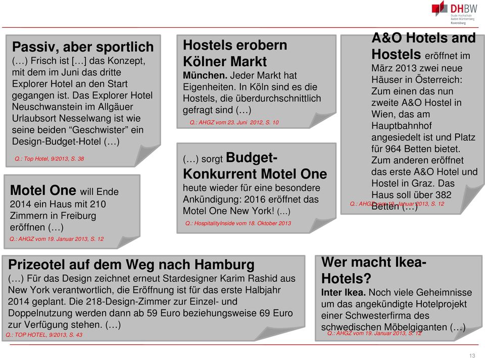 38 Motel One will Ende 2014 ein Haus mit 210 Zimmern in Freiburg eröffnen ( ) Q.: AHGZ vom 19. Januar 2013, S. 12 Hostels erobern Kölner Markt München. Jeder Markt hat Eigenheiten.
