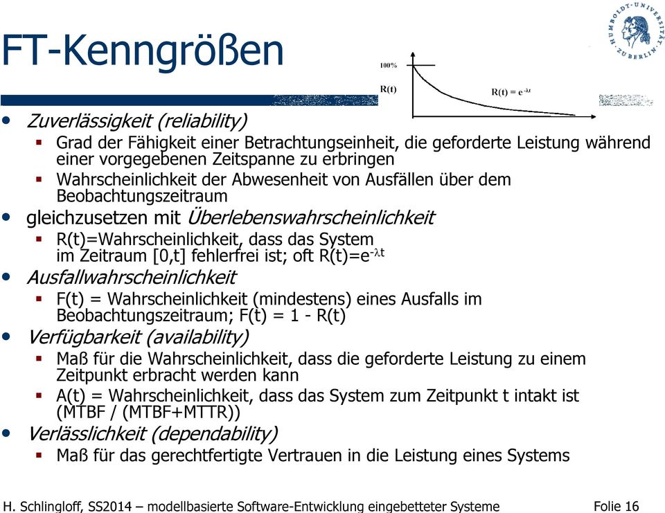 Ausfallwahrscheinlichkeit F(t) = Wahrscheinlichkeit (mindestens) eines Ausfalls im Beobachtungszeitraum; F(t) = 1 - R(t) Verfügbarkeit (availability) Maß für die Wahrscheinlichkeit, dass die