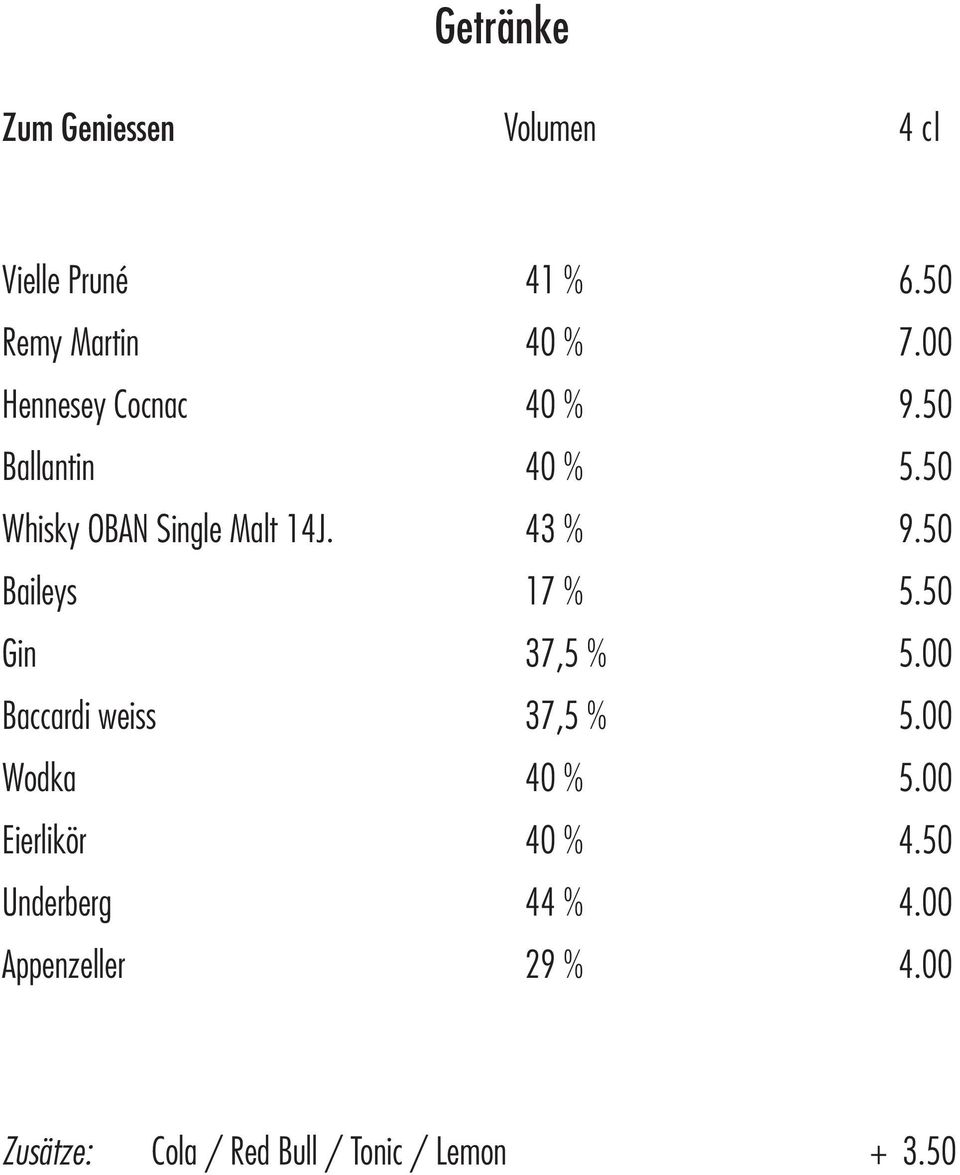 50 Baileys 17 % 5.50 Gin 37,5 % 5.00 Baccardi weiss 37,5 % 5.00 Wodka 40 % 5.