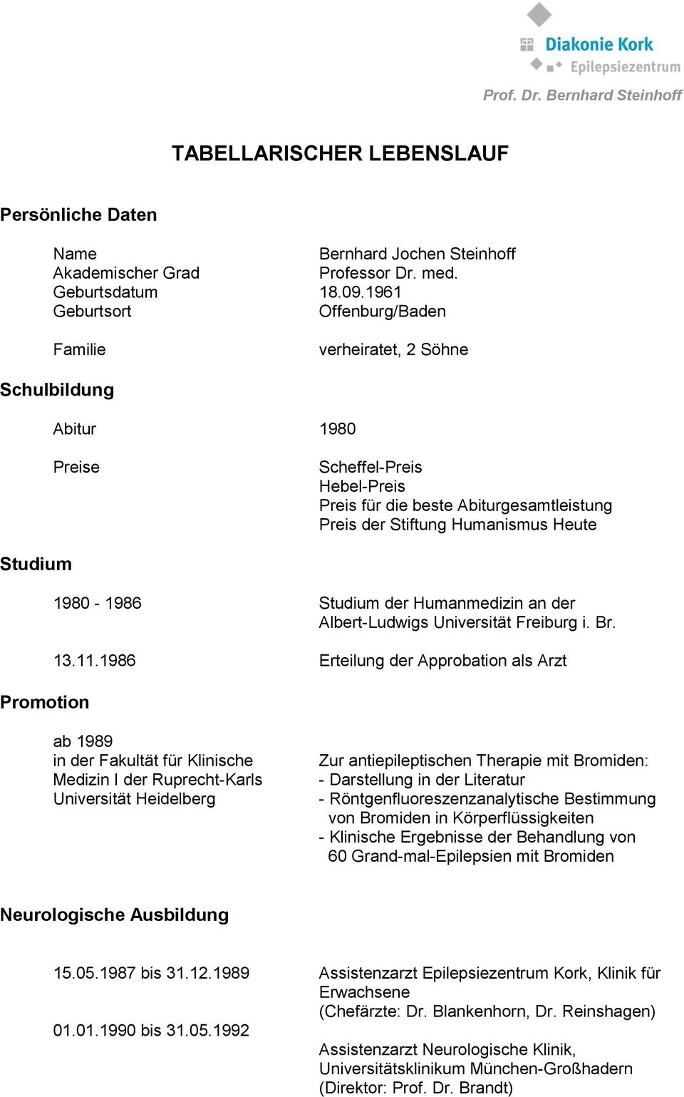 Studium Promotion 1980-1986 Studium der Humanmedizin an der Albert-Ludwigs Universität Freiburg i. Br. 13.11.