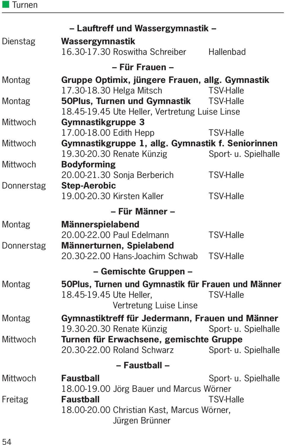 00 Edith Hepp TSV-Halle Mittwoch Gymnastikgruppe 1, allg. Gymnastik f. Seniorinnen 19.30-20.30 Renate Künzig Sport- u. Spielhalle Mittwoch Bodyforming 20.00-21.