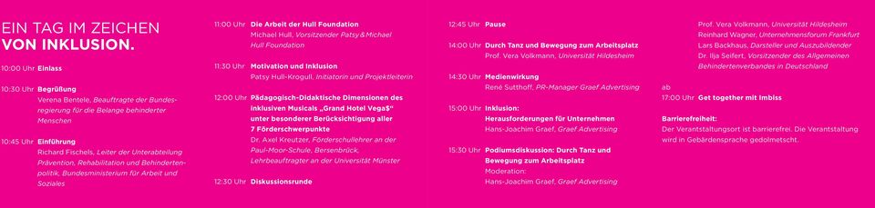 Rehabilitation und Behindertenpolitik, Bundesministerium für Arbeit und Soziales 11:00 Uhr Die Arbeit der Hull Foundation Michael Hull, Vorsitzender Patsy & Michael Hull Foundation 11:30 Uhr