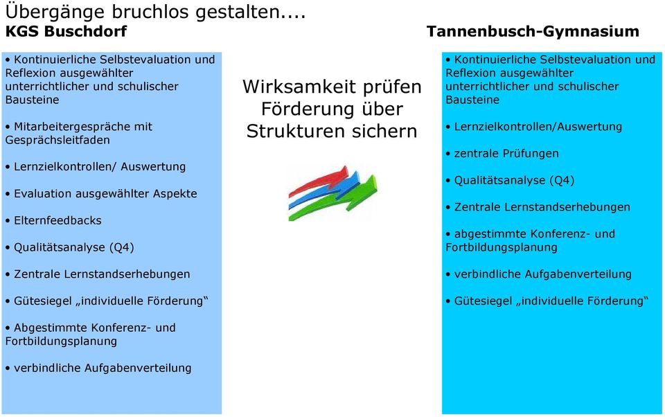 Aufgabenverteilung Wirksamkeit prüfen Förderung über Strukturen sichern Kontinuierliche Selbstevaluation und Reflexion ausgewählter unterrichtlicher und schulischer Bausteine