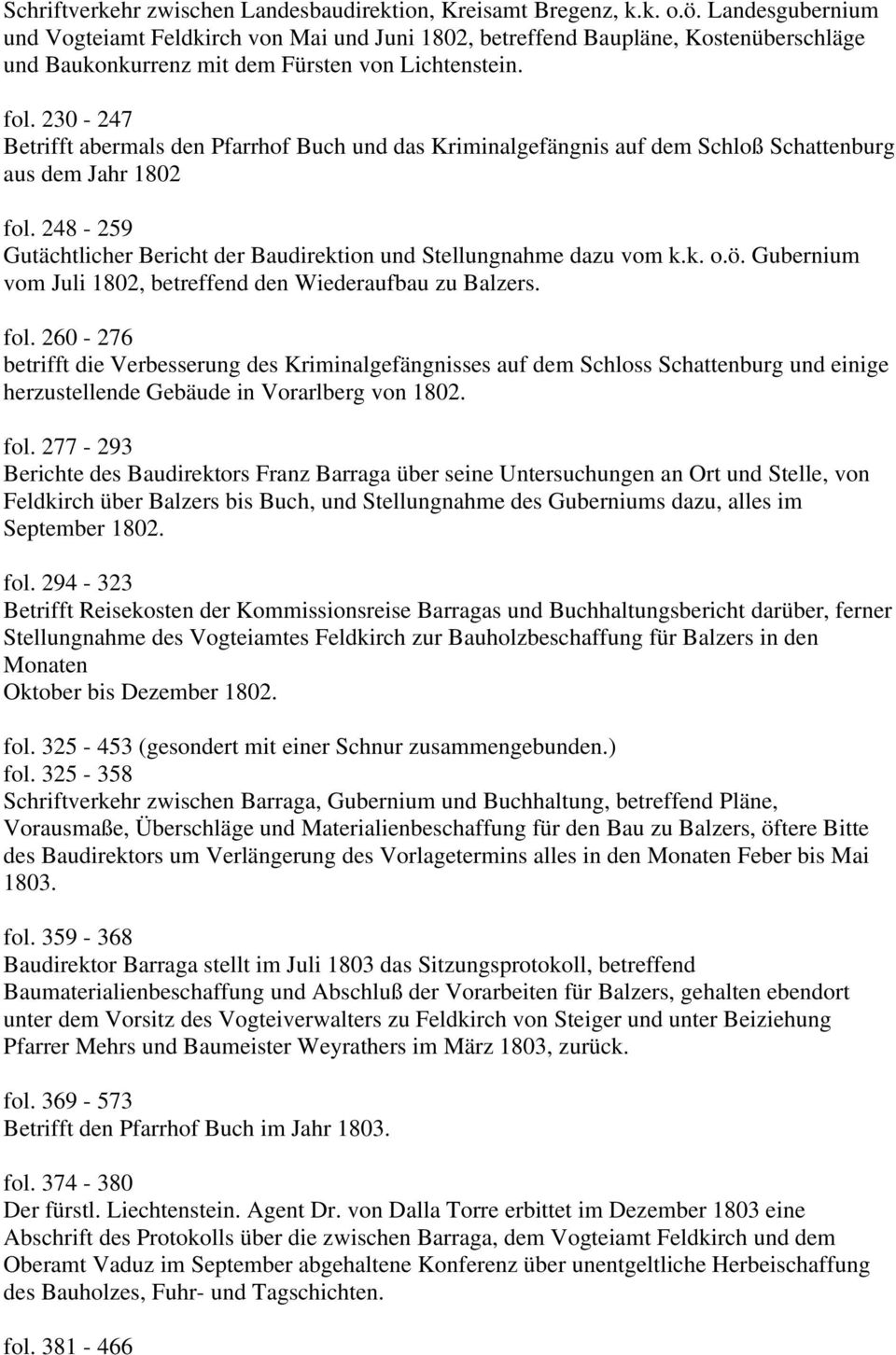 230-247 Betrifft abermals den Pfarrhof Buch und das Kriminalgefängnis auf dem Schloß Schattenburg aus dem Jahr 1802 fol. 248-259 Gutächtlicher Bericht der Baudirektion und Stellungnahme dazu vom k.k. o.