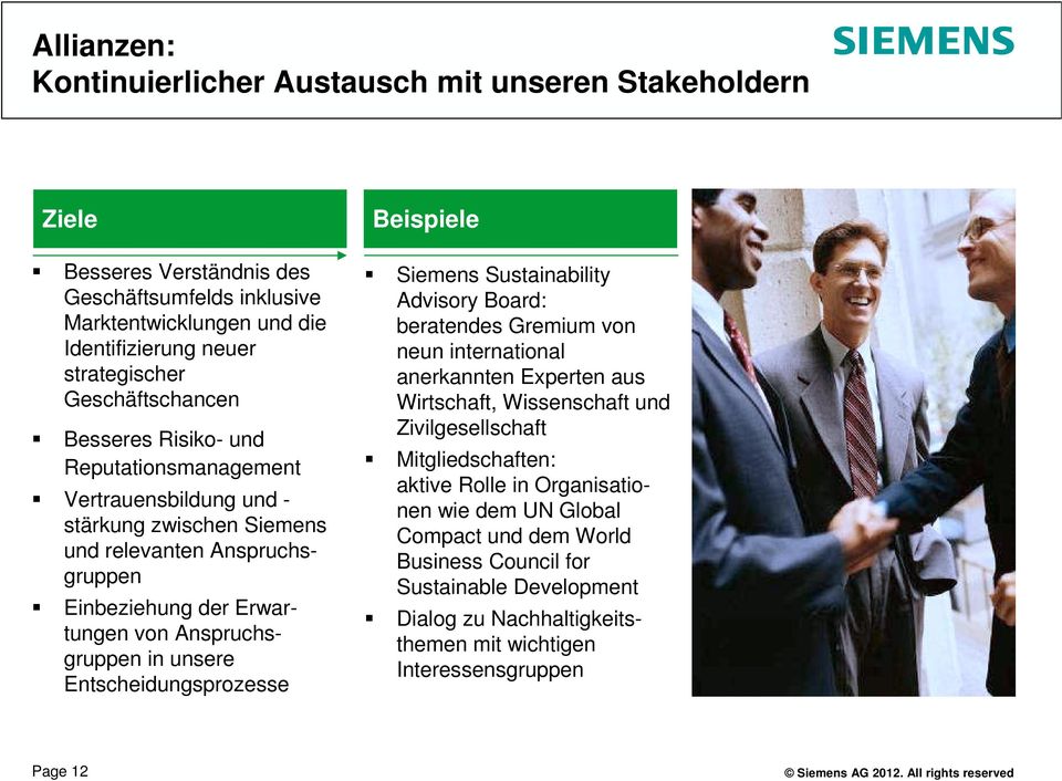 unsere Entscheidungsprozesse Beispiele Siemens Sustainability Advisory Board: beratendes Gremium von neun international anerkannten Experten aus Wirtschaft, Wissenschaft und Zivilgesellschaft