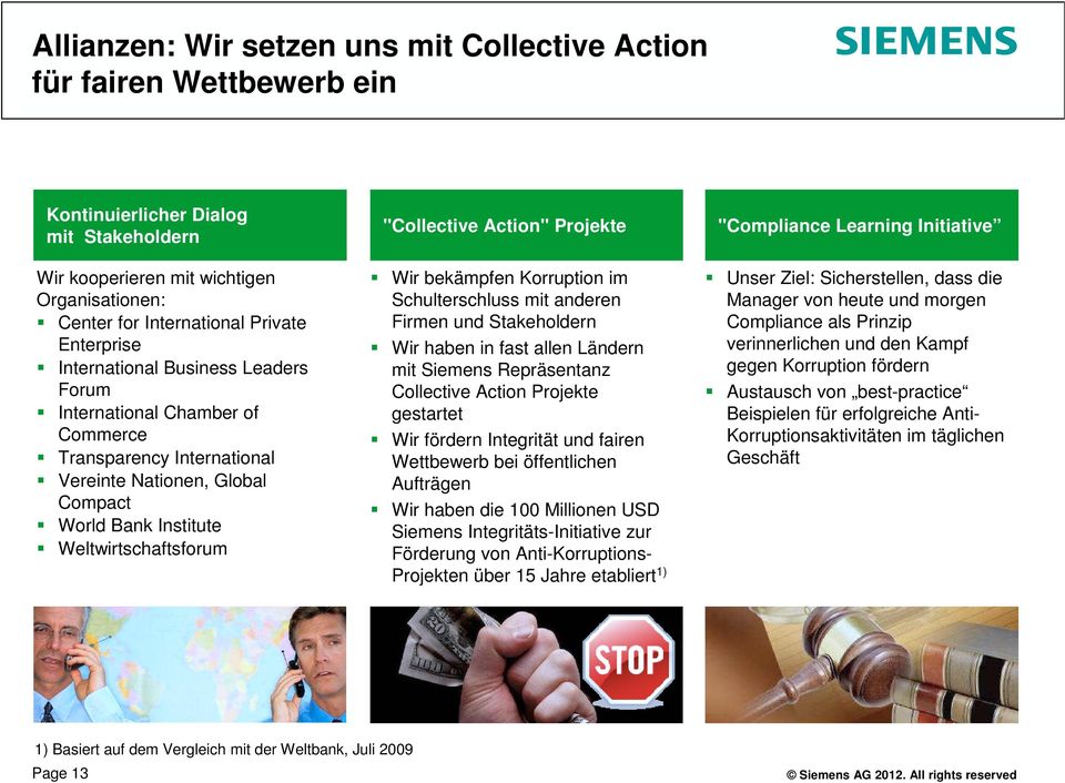 Action" Projekte Wir bekämpfen Korruption im Schulterschluss mit anderen Firmen und Stakeholdern Wir haben in fast allen Ländern mit Siemens Repräsentanz Collective Action Projekte gestartet Wir