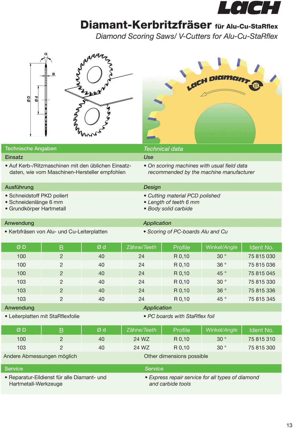 polished Length of teeth 6 mm Body solid carbide Scoring of PC-boards Alu and Cu Ø D B Ø d Zähne/Teeth Profile Winkel/Angle Ident No.
