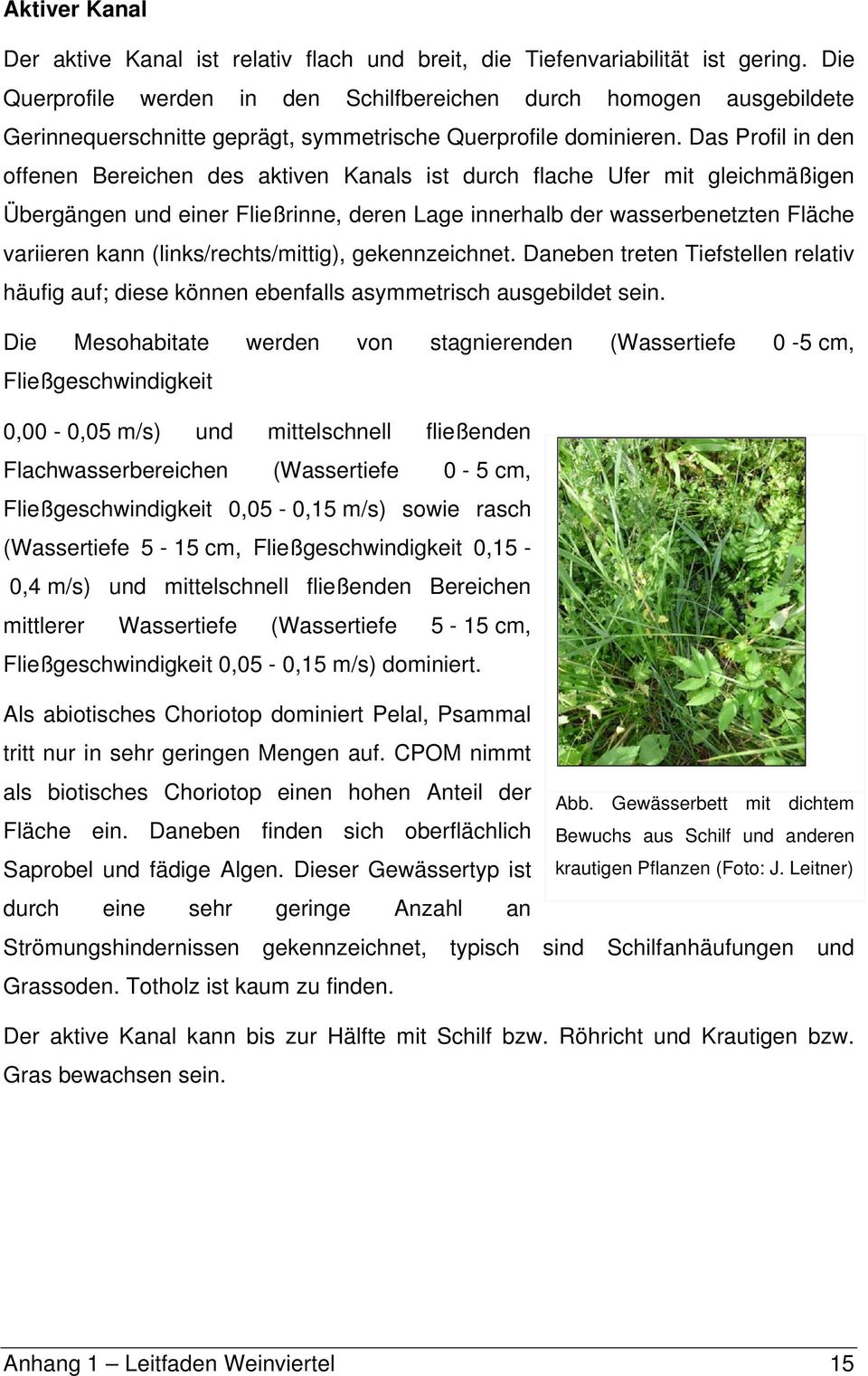 Das Profil in den offenen Bereichen des aktiven Kanals ist durch flache Ufer mit gleichmäßigen Übergängen und einer Fließrinne, deren Lage innerhalb der wasserbenetzten Fläche variieren kann