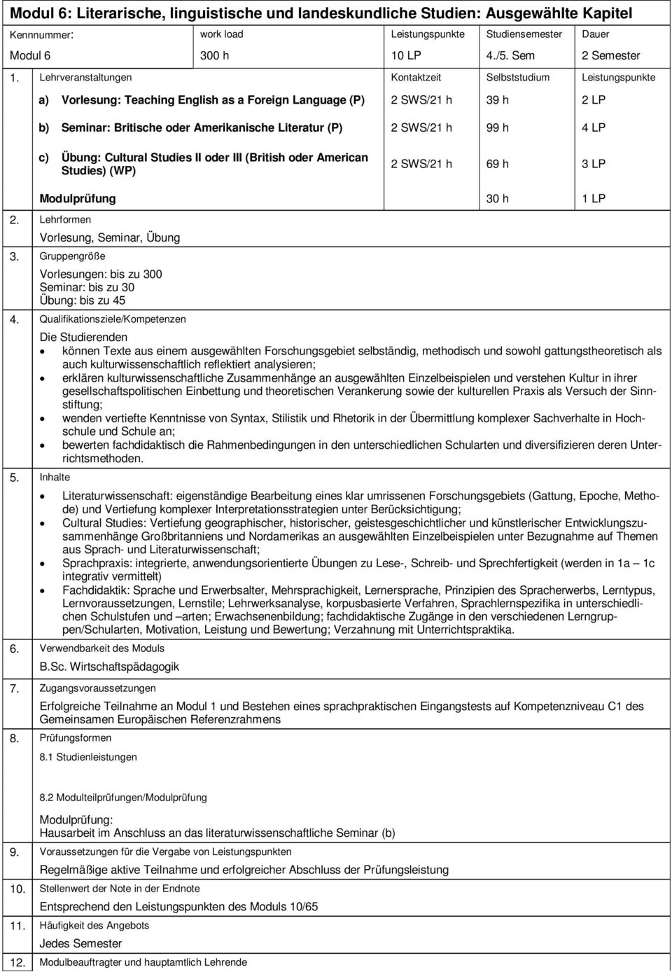 SWS/21 h 99 h 4 LP c) Übung: Cultural Studies II oder III (British oder American Studies) (WP) 2 SWS/21 h 69 h 3 LP Modulprüfung 30 h 1 LP Vorlesung, Seminar, Übung Vorlesungen: bis zu 300 Seminar: