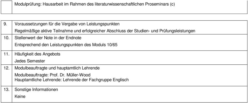 Prüfungsleistungen 10. Stellenwert der Note in der Endnote Entsprechend den Leistungspunkten des Moduls 10/65 11.