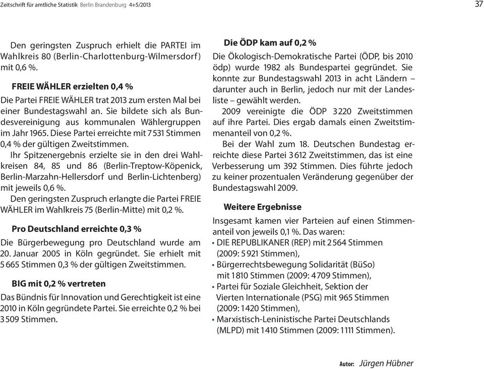 Diese Partei erreichte mit 7 531 Stimmen 0,4 % der gültigen Zweitstimmen.