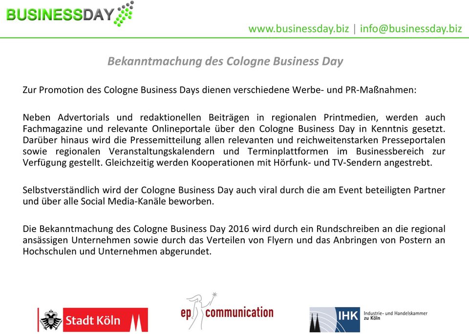 relevante Onlineportale über den Cologne Business Day in Kenntnis gesetzt.