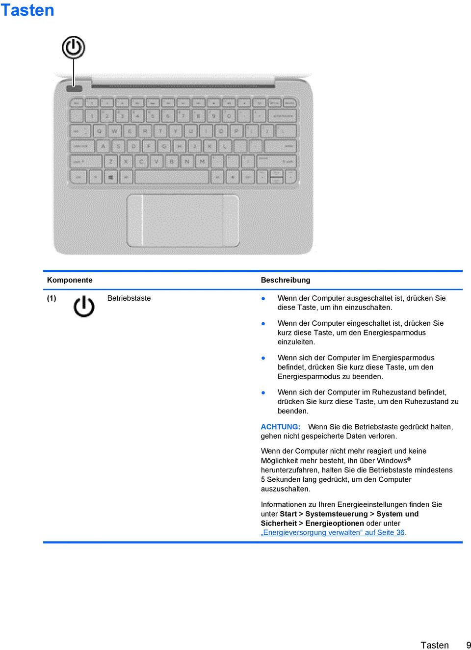 Wenn sich der Computer im Energiesparmodus befindet, drücken Sie kurz diese Taste, um den Energiesparmodus zu beenden.