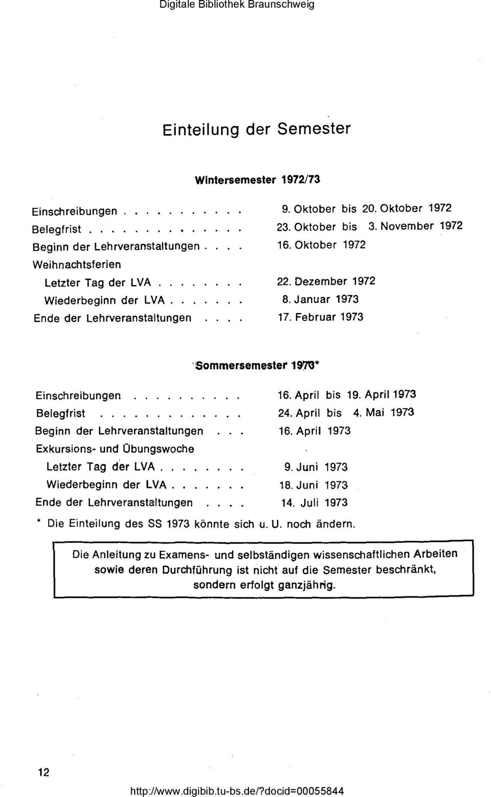 Beginn der Lehrveranstaltungen Exkursions- und übungswoche 'Sommersemester 1917'C3* 16. April bis 19. April 1973 24. April bis 4. Mai 1973 16. April 1973 Letzter Tag der LVA.... 9.