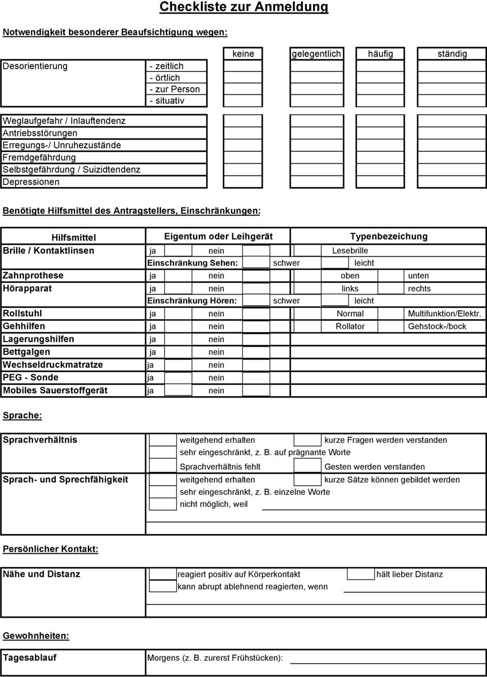 Leihgerät Typenbezeichung Brille / Kontaktlinsen ja nein Lesebrille Einschränkung Sehen: schwer leicht Zahnprothese ja nein oben unten Hörapparat ja nein links rechts Einschränkung Hören: schwer