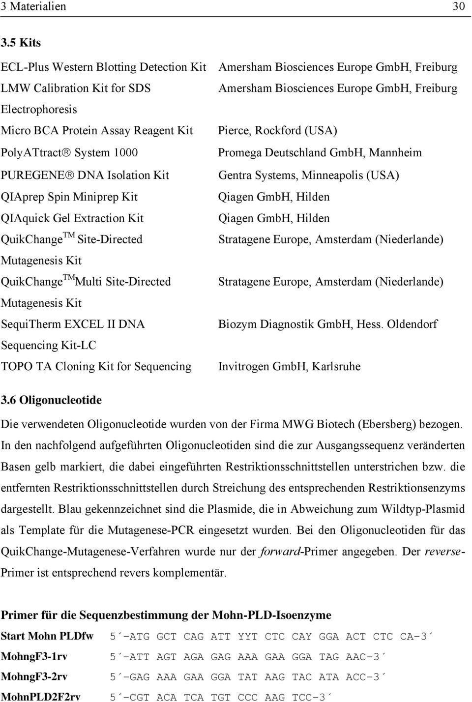 Mannheim PUREGENE DNA Isolation Kit Gentra Systems, Minneapolis (USA) QIAprep Spin Miniprep Kit Qiagen GmbH, Hilden QIAquick Gel Extraction Kit Qiagen GmbH, Hilden QuikChange TM Site-Directed