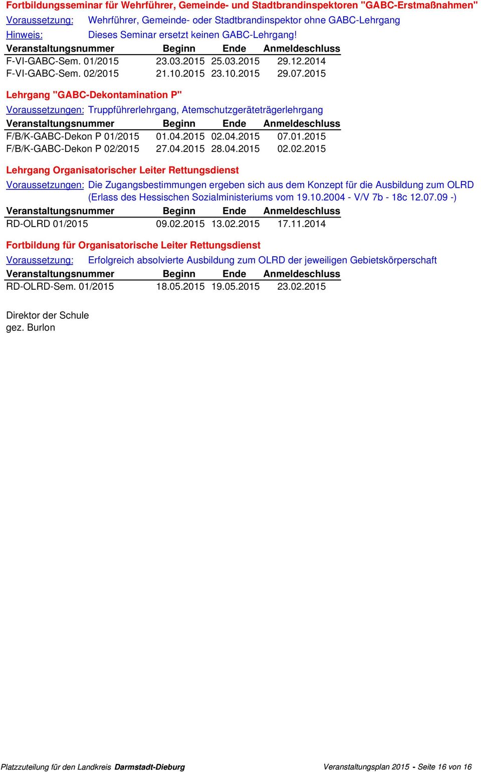 2015 ehrgang "GABC-Dekontamination P" oraussetzungen: Truppführerlehrgang, Atemschutzgeräteträgerlehrgang T F/B/K-GABC-Dekon P 01/2015 01.04.2015 02.04.2015 07.01.2015 T F/B/K-GABC-Dekon P 02/2015 27.