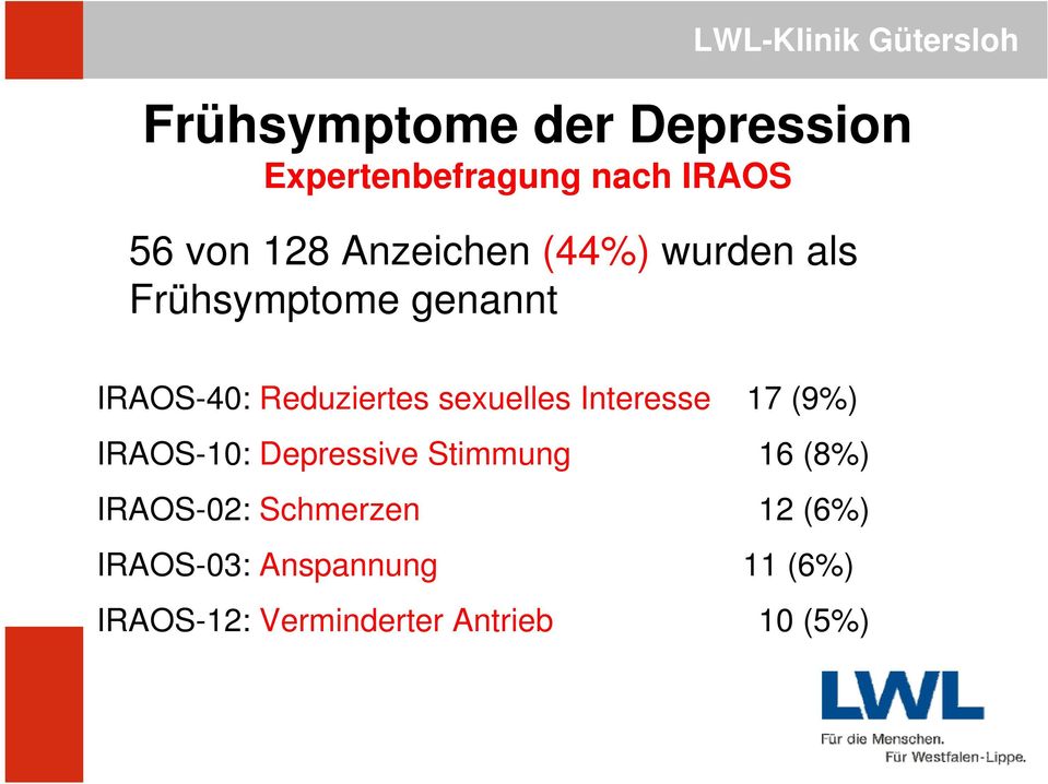 sexuelles Interesse 17 (9%) IRAOS-10: Depressive Stimmung 16 (8%)
