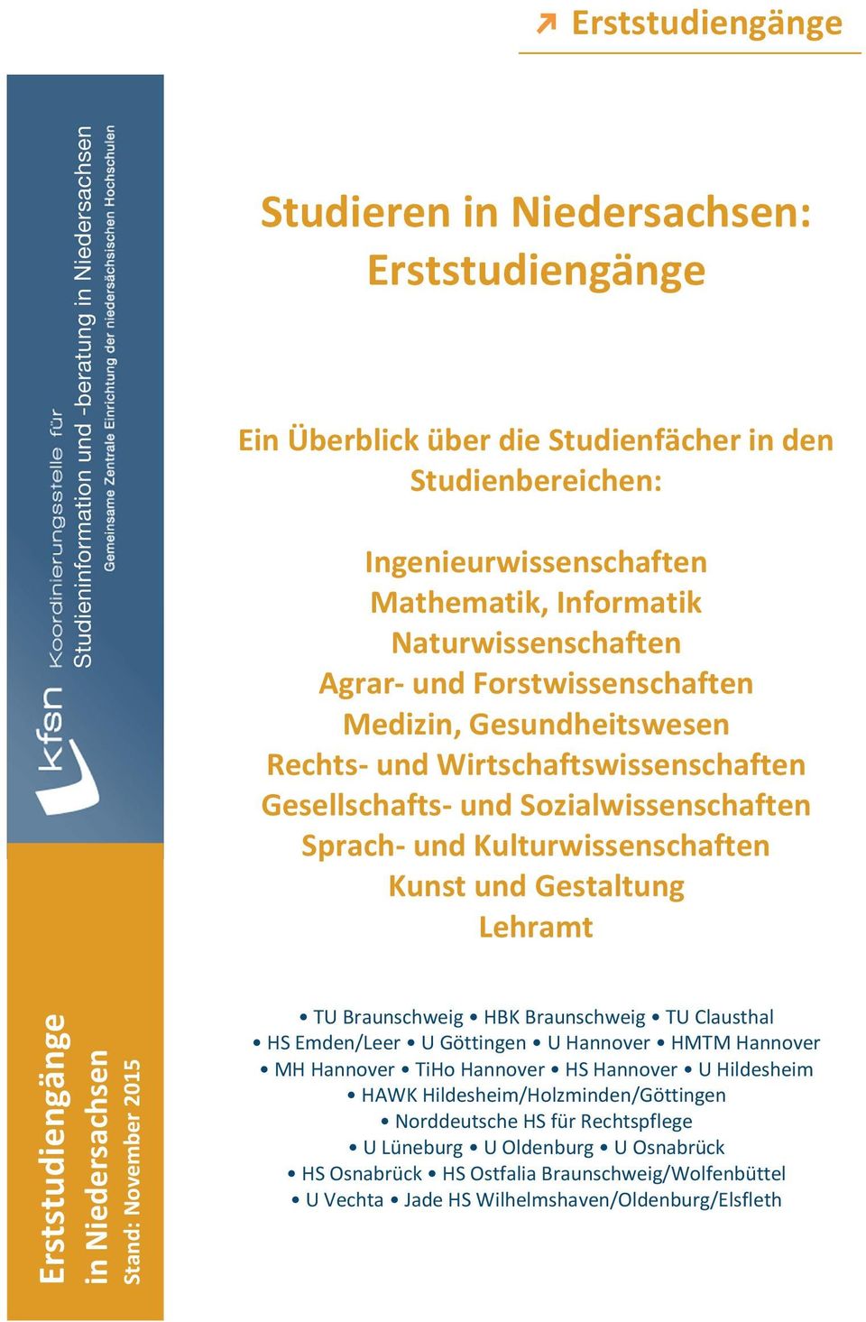 Sozialwissenschaften Sprach- und Kulturwissenschaften Kunst und Gestaltung Lehramt Erststudiengänge in Niedersachsen Stand: November 2015 HBK Braunschweig