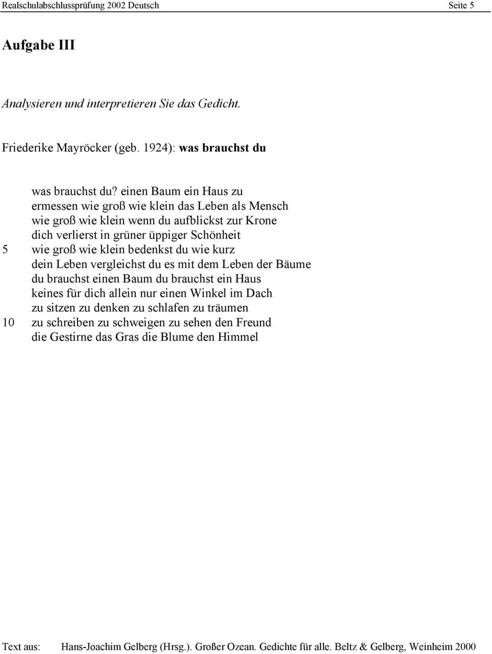 bedenkst du wie kurz dein Leben vergleichst du es mit dem Leben der Bäume du brauchst einen Baum du brauchst ein Haus keines für dich allein nur einen Winkel im Dach zu sitzen zu denken zu