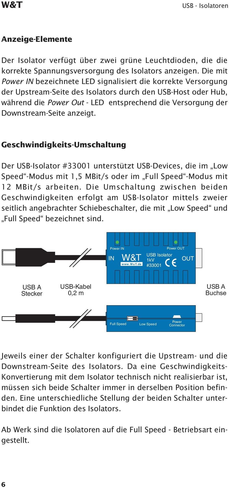 Downstream-Seite anzeigt. Geschwindigkeits-Umschaltung Der USB-Isolator #33001 unterstützt USB-Devices, die im Low Speed -Modus mit 1,5 MBit/s oder im Full Speed -Modus mit 12 MBit/s arbeiten.