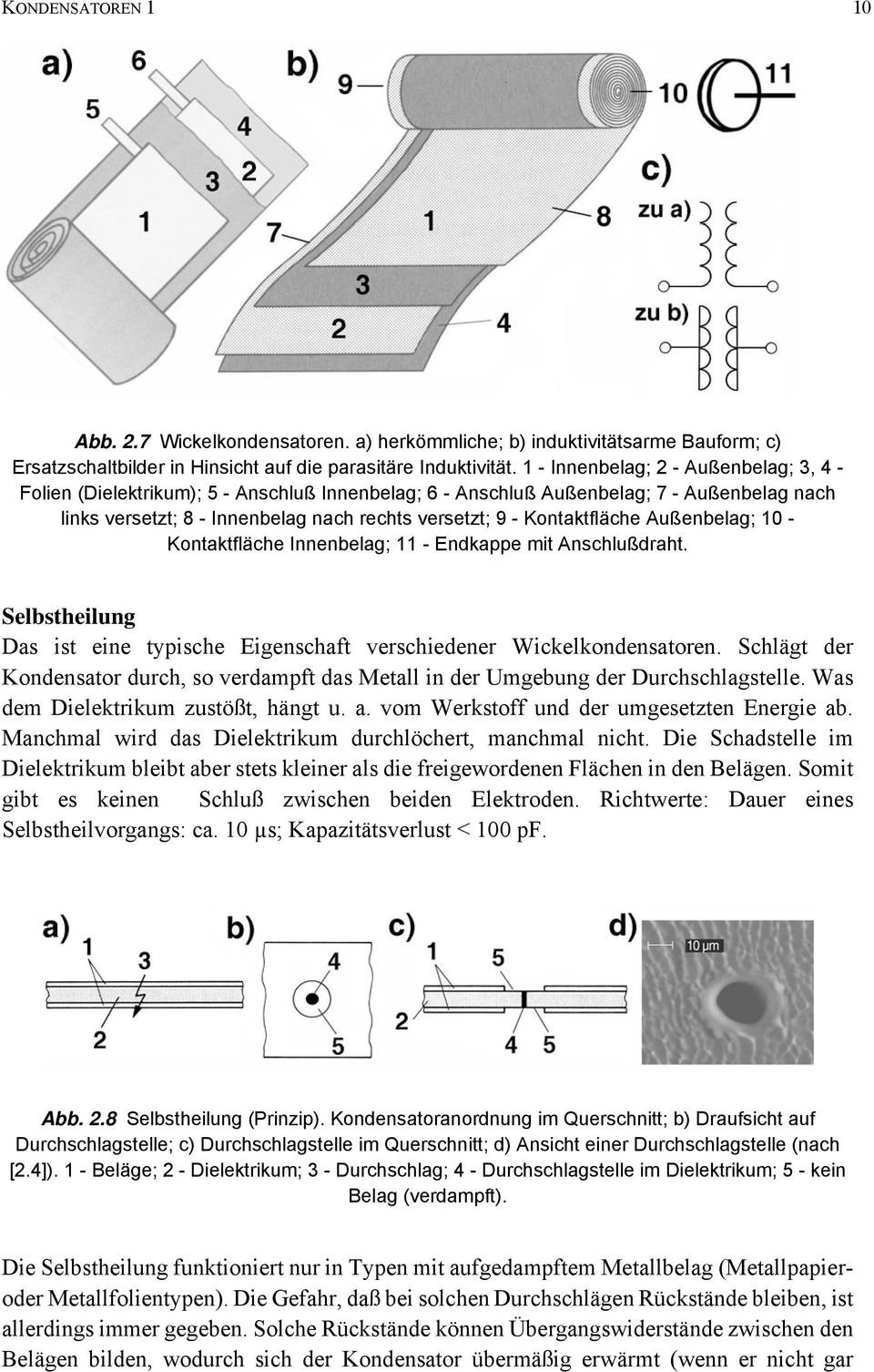 Kontaktfläche Außenbelag; 10 - Kontaktfläche Innenbelag; 11 - Endkappe mit Anschlußdraht. Selbstheilung Das ist eine typische Eigenschaft verschiedener Wickelkondensatoren.