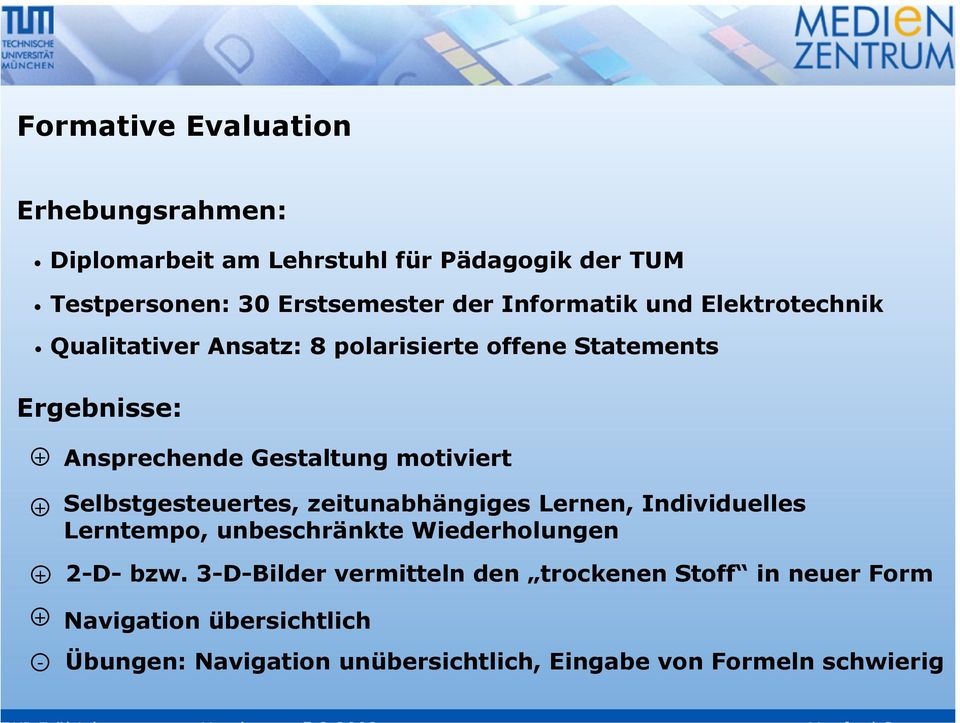 Gestaltung motiviert Selbstgesteuertes, zeitunabhängiges Lernen, Individuelles Lerntempo, unbeschränkte Wiederholungen 2-D- bzw.