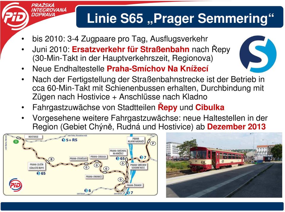 in cca 60-Min-Takt mit Schienenbussen erhalten, Durchbindung mit Zügen nach Hostivice + Anschlüsse nach Kladno Fahrgastzuwächse von