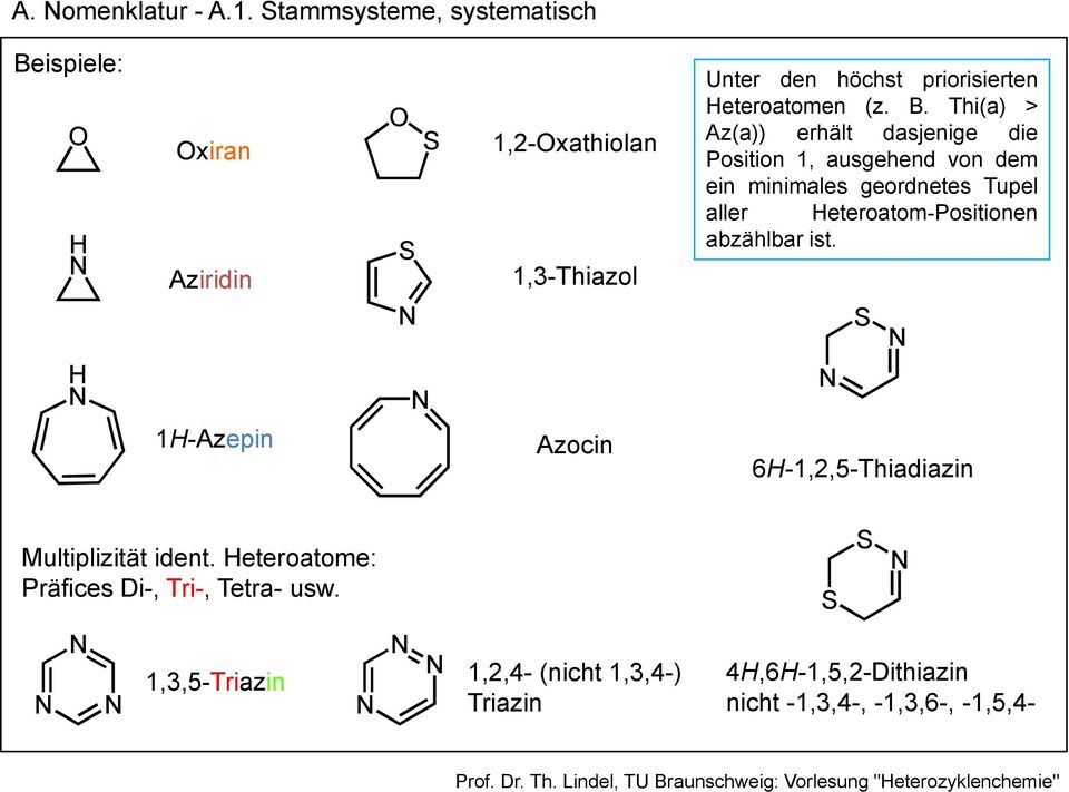 ispiele: xiran Aziridin S S 1,2-xathiolan 1,3-Thiazol Unter den höchst priorisierten eteroatomen (z. B.