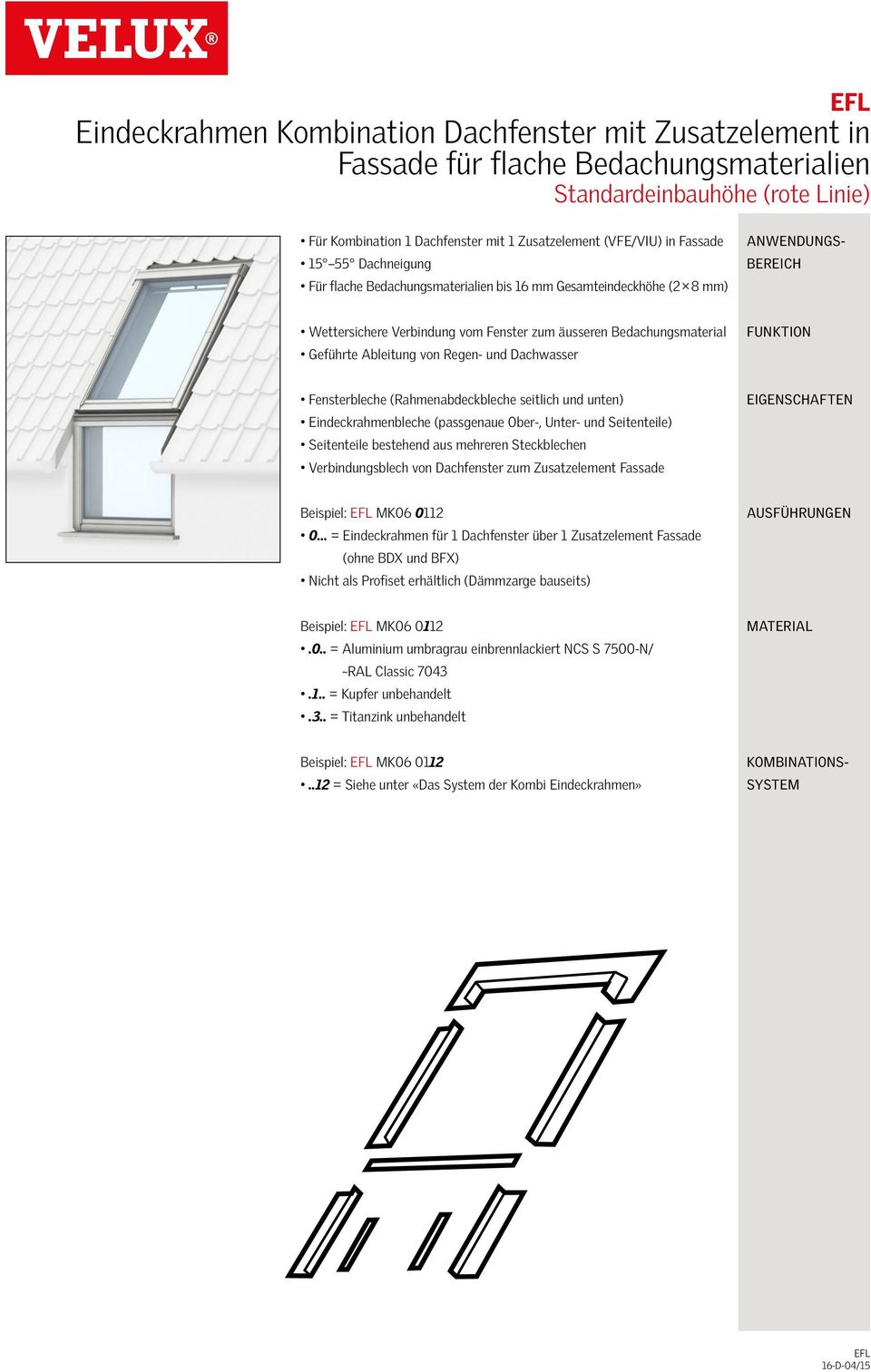 Dachfenster zum Zusatzelement Fassade Beispiel: EFL MK06 0112 0 = Eindeckrahmen für 1 Dachfenster über 1 Zusatzelement Fassade (ohne BDX und BFX) Nicht als Profiset